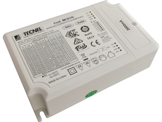 MC61N - Driver LED CC programmabile 800-2000mA 60W dimmerabile Pulsante + 0-10 + DALI